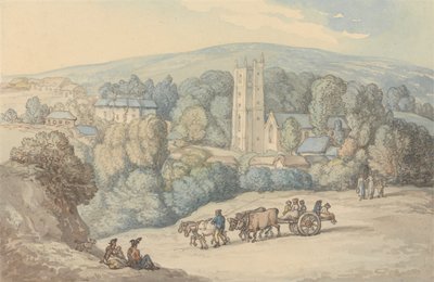 Näkymä St. Cuen kirkosta ja kylästä, Cornwall tekijältä Thomas Rowlandson