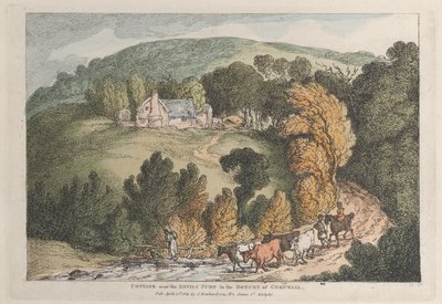 Näkymä St. Cuen kirkosta ja kylästä, Cornwall tekijältä Thomas Rowlandson