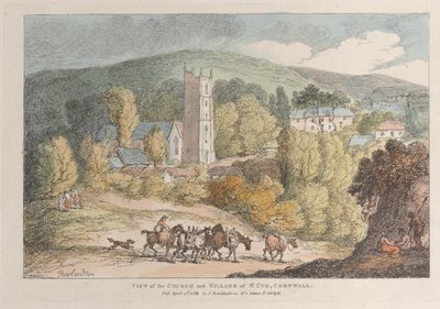Näkymä St. Cuen kirkosta ja kylästä, Cornwall tekijältä Thomas Rowlandson