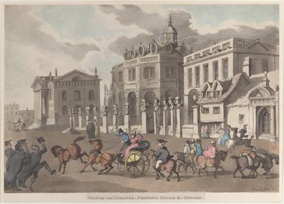 Näkymä teatterille, painotalolle jne. Oxford, 1810, 1810. tekijältä Thomas Rowlandson