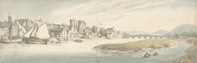 Näkymä kaupunkiin joen varrella Carwitham Castle, 1775-1827. tekijältä Thomas Rowlandson