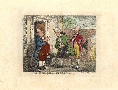 Vierailevat herrat kielsivät palvelijan pääsyn taloon. tekijältä Thomas Rowlandson