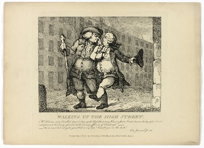 Kävely ylös High Streetille, Boswellin Hebridien kierroksesta. tekijältä Thomas Rowlandson