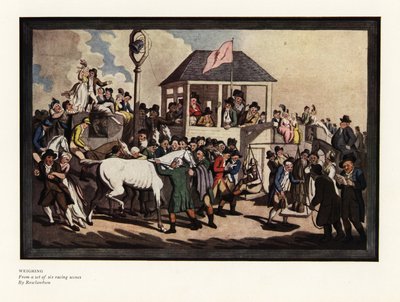 Jockeyn punnitseminen vaakasarjalla kilparadalla tekijältä Thomas Rowlandson