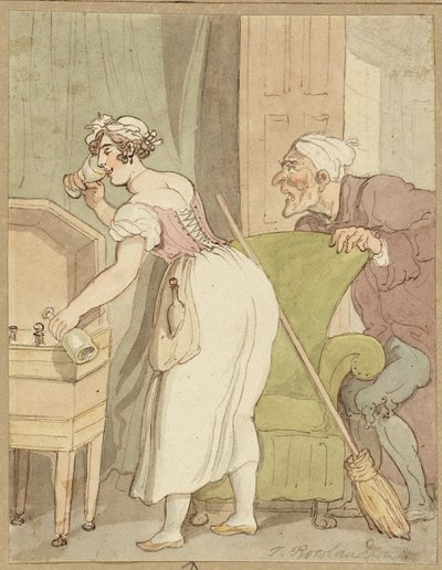 Nainen jäi kiinni varastamasta juomaa tekijältä Thomas Rowlandson