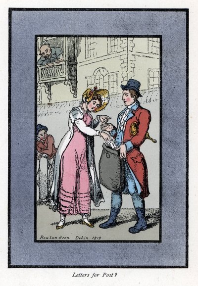 Nainen maksaa ja laittaa kirjeen Britannian kuninkaallisen postin työntekijän kantamaan pussiin. Puukaiverrus, joka perustuu Thomas Rowlandsonin (1756-1827) maalaukseen, julkaistu Lontoon kriisissä: kuudella viehättävällä lapsella ja lähes 40 kuvituksella, tekijältä Thomas Rowlandson