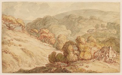Metsäinen kukkulamaisema, maalaistalo ja hahmoja tekijältä Thomas Rowlandson