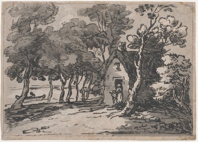Metsäinen kohtaus hahmoilla mökin ovella, 1783-88., 1783-88. tekijältä Thomas Rowlandson