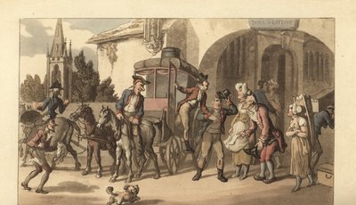 Nuori englantilainen herrasmies saapumassa ranskalaiseen postitaloon tekijältä Thomas Rowlandson
