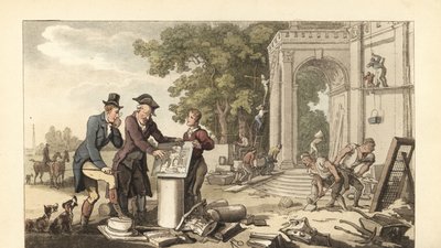Nuori englantilainen herrasmies rakentamassa komeaa kotia tekijältä Thomas Rowlandson