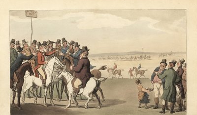 Nuori englantilainen herrasmies pelaa uhkapelejä Newmarketin kilparadalla tekijältä Thomas Rowlandson