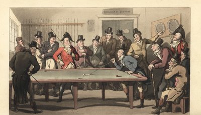 Nuoret englantilaiset herrat pelaamassa biljardia tekijältä Thomas Rowlandson