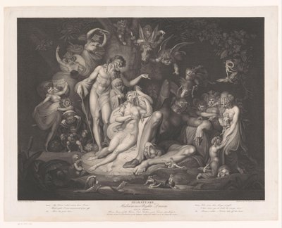 Titanian herääminen Shakspeare, Kesäyön unelma (otsikko esineessä) Printtejä Boydells Shakespeare Galleryn maalausten jälkeen (sarjan nimi) Shakspeare Gallery (sarjan nimi esineellä) tekijältä Thomas Ryder (I)