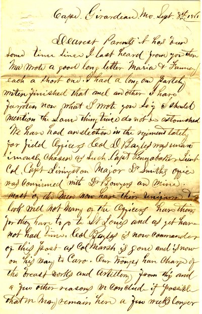 Kirje allekirjoitettu T.S. Hawley, Cape Girardeau, Missouri, vanhemmille 8. syyskuuta 1861 tekijältä Thomas S. Hawley