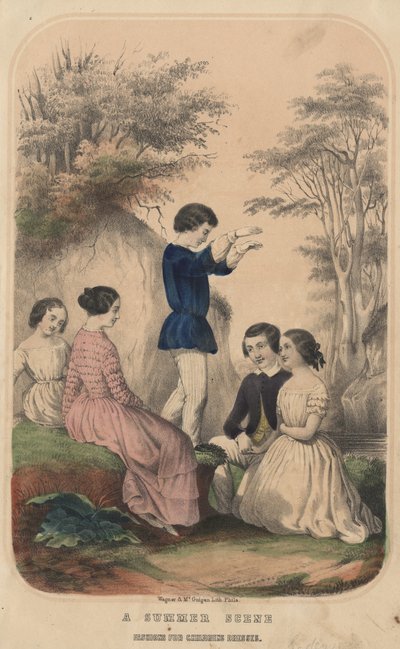 Kesäkohtaus, Lastenpukujen muoti, Wagner und McGuiganin litho, 1850 tekijältä Thomas S. Wagner