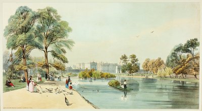 Buckinghamin palatsi St. James Parkista, yksitoista levy alkuperäisestä Lontoon näköalasta sellaisena kuin se on tekijältä Thomas Shotter Boys