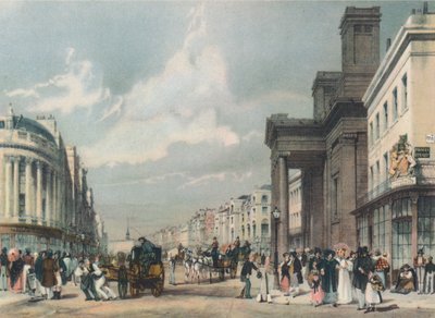 Näkymä Regent Streetiltä Quadrantia kohti Hannoverin kappelilla etualalla, 1842 tekijältä Thomas Shotter Boys