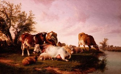 Lampaat ja karja laiduntavat joen rannalla tekijältä Thomas Sidney (after) Cooper