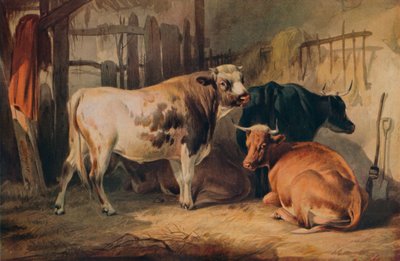Härkä ja kolme lehmää tallissa, c1856 tekijältä Thomas Sidney Cooper