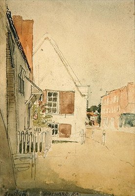 Street in Southall (kynä, muste ja akvarelli paperille) tekijältä Thomas Stothard