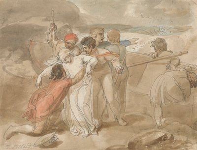 Nainen pelastettu merestä ja avustettu maihin, soutuvene ja pelastajat taustalla tekijältä Thomas Stothard