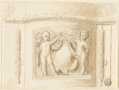 Pilasterin jalusta kohokuviolla, 2 puttia, kilpi tekijältä Thomas Stothard