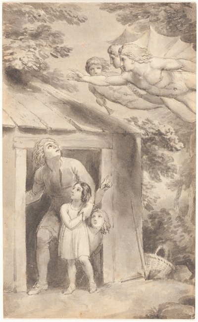Kolme lentävää hahmoa vierailee Peterin ja hänen lastensa luona tekijältä Thomas Stothard