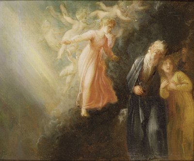 Prospero, Miranda ja Ariel, elokuvasta "Myrsky", n. 1799 (öljy paperille kankaalle) tekijältä Thomas Stothard