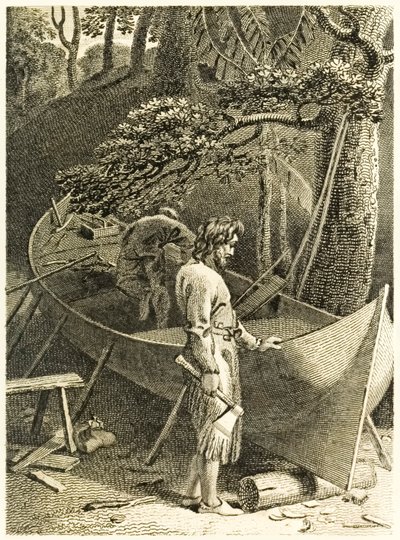 ?Robinson Crusoe ja perjantai tekemässä venettä? "Robinson Crusoen elämä ja oudot yllättävät seikkailut tai York, Mariner?" Kirjailija: Daniel Defoe tekijältä Thomas Stothard