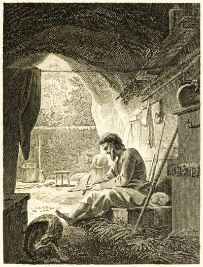 ?Robinson Crusoe töissä luolassaan? "Robinson Crusoen elämä ja oudot yllättävät seikkailut tai York, Mariner?" Kirjailija: Daniel Defoe tekijältä Thomas Stothard