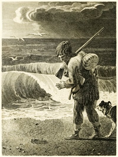 ?Robinson Crusoe löytää miehen jalan jäljen? "Robinson Crusoen elämä ja oudot yllättävät seikkailut tai York, Mariner?" Kirjailija: Daniel Defoe tekijältä Thomas Stothard
