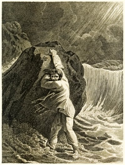 ?Robinson Crusoe haaksirikkoutui ja takertui kallioon? "Robinson Crusoen elämä ja oudot yllättävät seikkailut tai York, Mariner?" Kirjailija: Daniel Defoe tekijältä Thomas Stothard