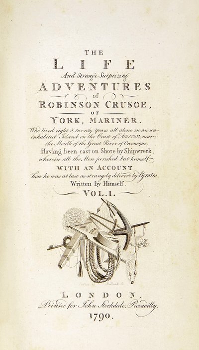 "Robinson Crusoe" -nimilehti Daniel Defoen "Robinson Crusoen elämä ja oudot yllättävät seikkailut eli York, merimies" tekijältä Thomas Stothard