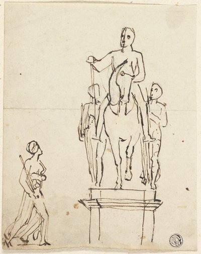 Ratsumiehen veistos kahden seisovan hahmon säestyksenä ja luonnos yhdestä jälkimmäisestä tekijältä Thomas Stothard