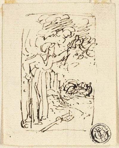 Luonnos kepin päälle nojaavasta hahmosta tekijältä Thomas Stothard