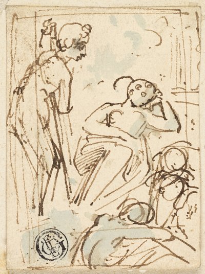 Luonnos miehestä, joka nojaa miehiin ja katsoo nukkuvaa naista tekijältä Thomas Stothard