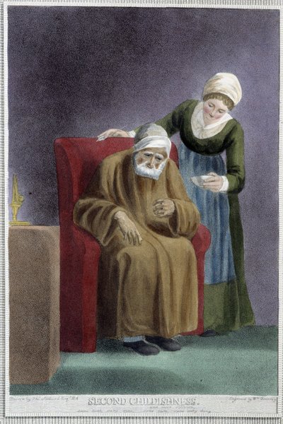 Toinen lapsuus (sairas vartija, joka hoitaa hyvin vanhaa miestä) - Shakespearen teoksessa "Ihmisen 7 aikakautta", ill. kirjoittanut W. Broniley, Lontoo tekijältä Thomas Stothard