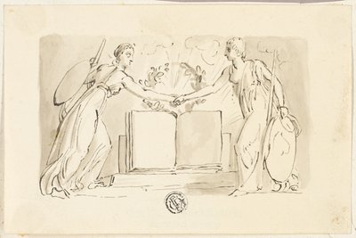 Kaksi vertauskuvallista naishahmoa ristissä käsiä kirjan edessä tekijältä Thomas Stothard