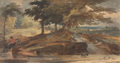 Maisema kumpulla puiden kanssa, hahmo hevosen selässä tekijältä Thomas Sully