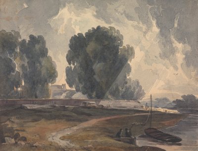 Maisema puita ja järvi hahmoilla ja veneellä tekijältä Thomas Sully