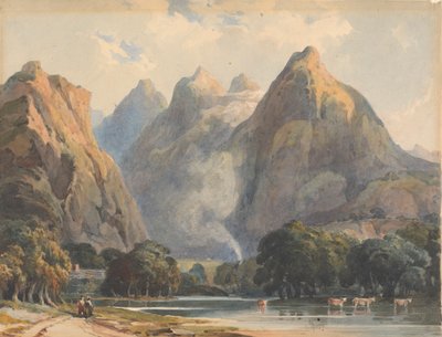 Vuoristokohtaus puron, lehmien ja hahmojen kanssa tekijältä Thomas Sully