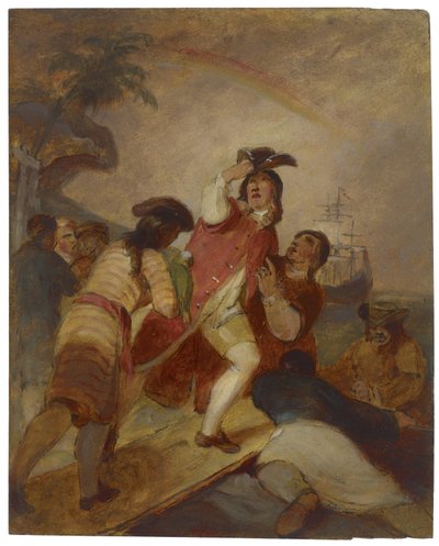Robinson Crusoe ja hänen miehensä perjantaina lähtevät saarelta, n. 1856 tekijältä Thomas Sully