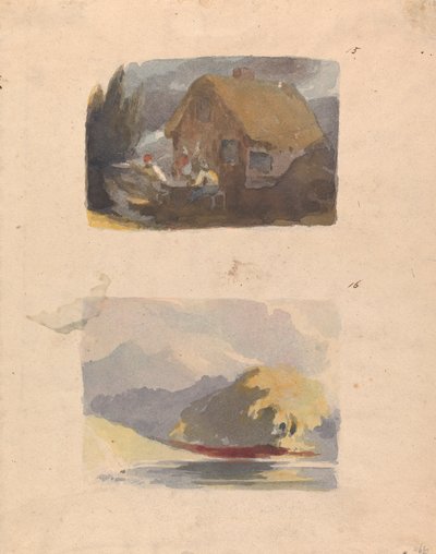 Kaksi piirustusta yhdelle arkille: Mökki hahmoilla edessä (nro 15); Maisema joen ja vuorten kanssa - Auringonpaiste (nro 16) tekijältä Thomas Sully