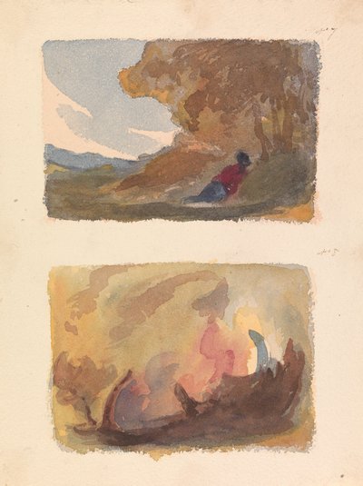 Kaksi piirustusta yhdelle arkille: Maisema, jossa hahmo nojaa kukkulalle - Tizian ja venetsialainen koulu (nro 7); Maisema – erilaisia akvarellipesuja (nro 8) tekijältä Thomas Sully