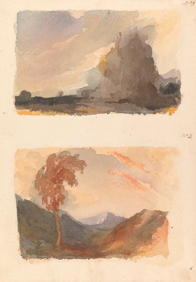 Kaksi piirustusta yhdelle arkille: Maisema suurella kalliolla etualalla - Cuypin periaate (nro 3); Maisema, jossa puu etualalla, vuoret kaukana - molempien periaate (nro 4) tekijältä Thomas Sully