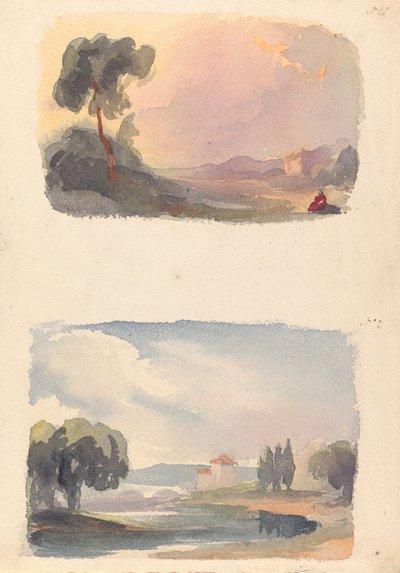 Kaksi piirustusta yhdelle arkille: Maisema, jossa vuoret kaukana ja istuvia hahmoja etualalla (nro 1); Maisema, joki ja rakennus, vuoret etäisyydellä (nro 2) tekijältä Thomas Sully