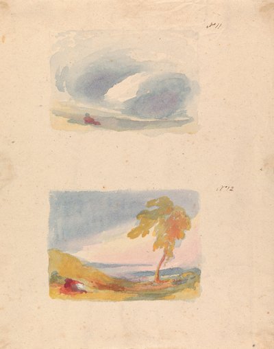 Kaksi piirustusta yhdelle arkille: Sky Study - Turnerin periaate (nro 11); Maisema kukkuloilla ja puilla (nro 12) tekijältä Thomas Sully