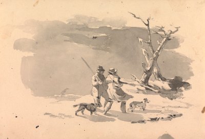 Kaksi metsästäjää ja kaksi koiraa talvimaisemassa tekijältä Thomas Sully