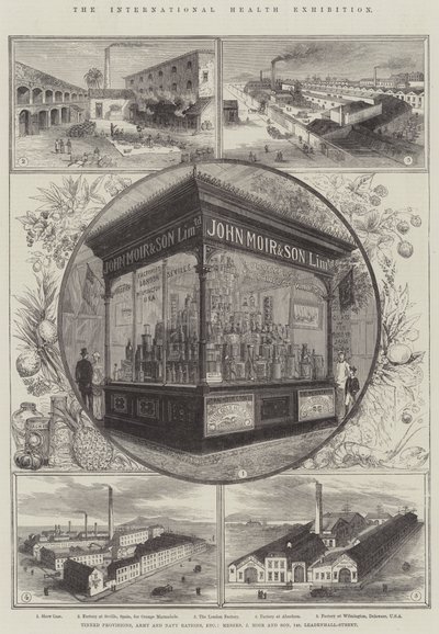 Kansainvälinen terveysnäyttely, elintarvikesäilykkeet, armeijan ja laivaston ruoka-annokset jne., Messers J Moir and Son, 148, Leadenhall-Street. tekijältä Thomas Sulman