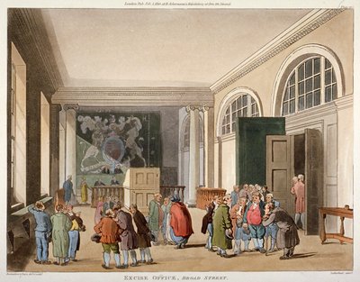 Valmisteverotoimiston sisätilat, Old Broad Street, Lontoon kaupunki, 1810 tekijältä Thomas Sutherland